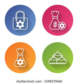 Set line Shopping bag with star of david, Jewish money bag with star of david and coin, Jewish money bag with star of david and Jewish sweet bakery. Color circle button. Vector