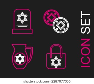 Set line Shopping bag with star of david, Decanter, Jewish coin and Tombstone icon. Vector