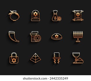 Set line Shopping bag with star of david, Egypt pyramids, Pomegranate, Orthodox jewish hat sidelocks, Jewish goblet and hanukkah sufganiyot, coin, Hanukkah menorah and kippah icon. Vector