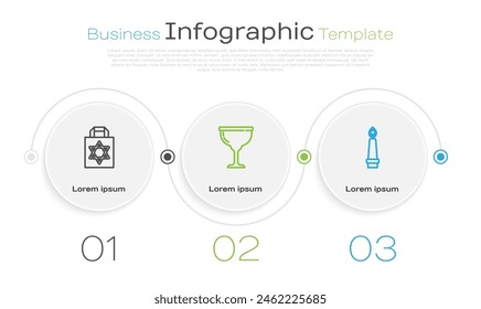 Set line Shopping bag with star of david, Jewish goblet and Burning candle. Business infographic template. Vector