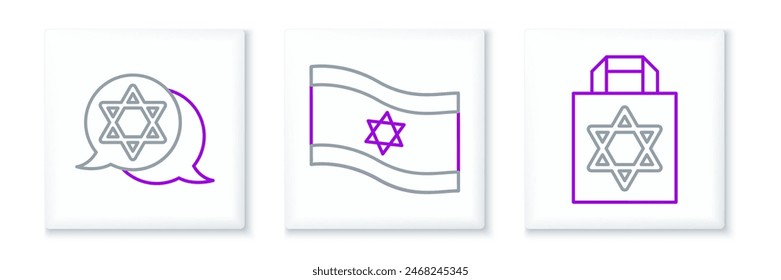 Set line Shopping bag with star of david, Star David and Flag Israel icon. Vector