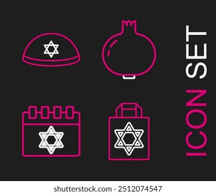 Set line Shopping bag with star of david, Jewish calendar, Pomegranate and kippah icon. Vector