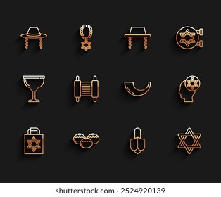 Set-Linie Einkaufstasche mit Stern von David, jüdische süße Bäckerei, orthodoxe jüdische Hut, Hanukkah dreidel, Stern David, Torah scroll, und Traditionelle Rammhorn, Shofar Ikone. Vektorgrafik