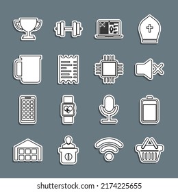 Set line Shopping basket, Battery, Speaker mute, Medical clinical record, Paper financial check, Coffee cup, Trophy and Processor with CPU icon. Vector