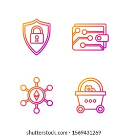 Set line Shopping basket with bitcoin, Blockchain technology Ethereum ETH, Shield security with lock and Cryptocurrency wallet. Gradient color icons. Vector