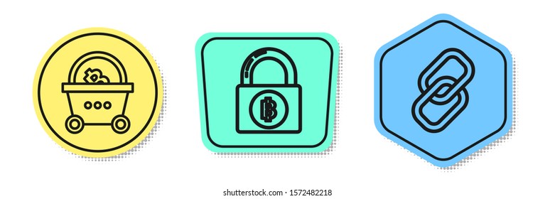 Set line Shopping basket with bitcoin, Lock with bitcoin and Chain link. Colored shapes. Vector