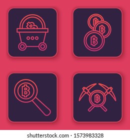 Set line Shopping basket with bitcoin, Magnifying glass with Bitcoin, Cryptocurrency coin Bitcoin and Crossed pickaxe. Blue square button. Vector