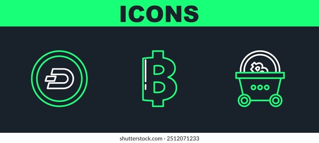 Set line Shopping basket with bitcoin, Cryptocurrency Dash and Bitcoin icon. Vector