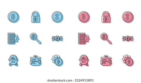 Set line Shopping basket with bitcoin, Cryptocurrency wallet, Bitcoin, Magnifying glass, circle microchip circuit, Server and gear and Lock icon. Vector