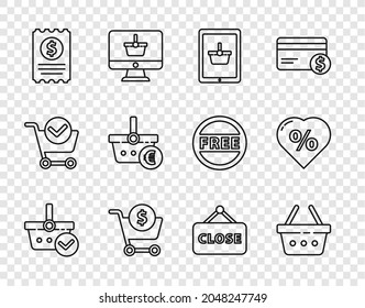 Set line Shopping basket with check mark, on tablet, cart and dollar, Paper financial, euro, Hanging sign Closed and Discount percent tag heart icon. Vector