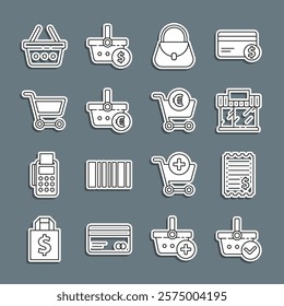 Set line Shopping basket with check mark, Paper and financial, building or market store, Handbag, euro, cart,  and  icon. Vector
