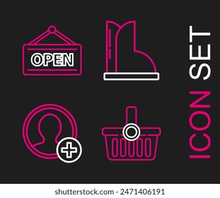 Set line Shopping basket, Create account screen, Waterproof rubber boot and Hanging sign with Open icon. Vector