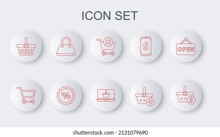 Set line Shopping basket and dollar, cart, Remove shopping, Add to, Handbag, Discount percent tag and on laptop icon. Vector