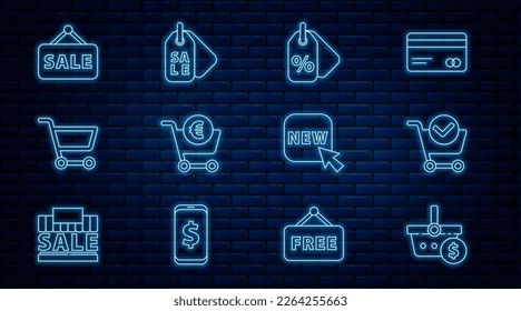 Set line Shopping basket and dollar, cart with check mark, Discount percent tag, euro, Hanging sign Sale, Button text New and Price icon. Vector