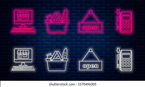 Set line Shopping basket and food, Hanging sign with text Open door, Shopping building on screen computer and Pos terminal with inserted credit card. Glowing neon icon on brick wall. Vector