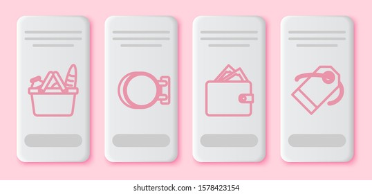 Set line Shopping basket and food, Signboard hanging, Wallet with stacks paper money cash and Blank label template price tag. White rectangle button. Vector