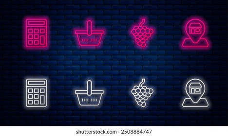 Set line Shopping basket, Grape fruit, Calculator and Location Market store. Glowing neon icon on brick wall. Vector