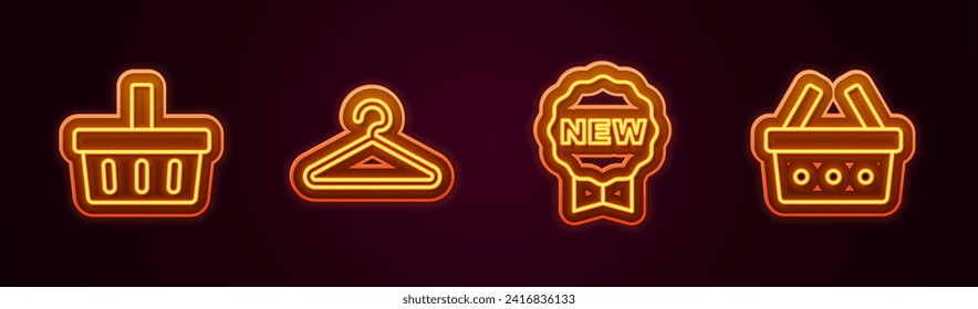 Set line Shopping basket, Hanger wardrobe, Price tag with New and . Glowing neon icon. Vector