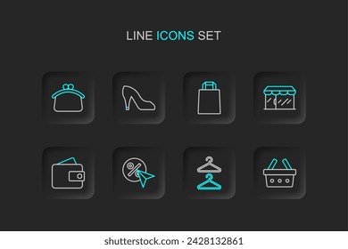 Set line Shopping basket, Hanger wardrobe, Discount percent tag, Wallet, Market store, Paper shopping bag, Woman shoe and  icon. Vector