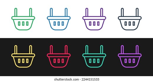 Set line Shopping basket icon isolated on black and white background. Food store, supermarket.  Vector Illustration