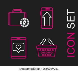 Set line Shopping basket, Mobile phone and like with heart, Smartphone, mobile and Briefcase money icon. Vector