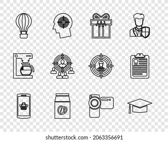 Set Line Shopping Basket On Mobile, Graduation Cap, Gift Box, Coffee Beans Bag, Hot Air Balloon, Marketing Target Strategy, Cinema Camera And Clipboard With Dental Card Icon. Vector