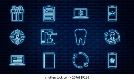 Set line Shopping basket on mobile, Human resources, Laptop with dollar, Coffee machine and cup, Head hunting, Gift box, Tooth and Clipboard dental card icon. Vector