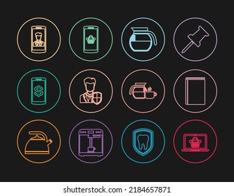 Set line Shopping basket on laptop, Book, Coffee pot, User protection, Smartphone with dollar, contact, cup and mobile icon. Vector