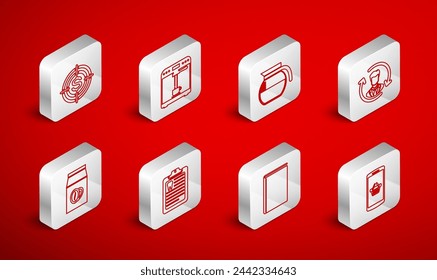 Set line Shopping basket on mobile, Coffee machine and cup, pot, Human resources, Book, Target with dollar, Clipboard dental card and beans bag icon. Vector