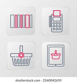 Set line Shopping basket on tablet, POS terminal with credit card and Barcode icon. Vector