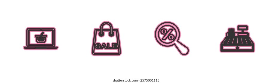 Set line Shopping basket on laptop, Magnifying glass with percent, bag Sale and Cash register machine icon. Vector