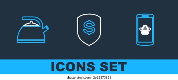 Set line Shopping basket on mobile, Kettle with handle and Shield dollar icon. Vector
