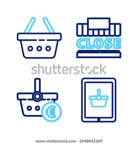 Set line Shopping basket on tablet, and euro, building text closed and  icon. Vector