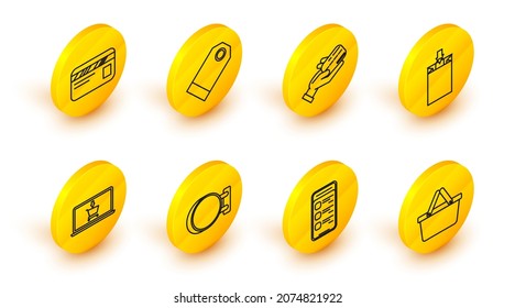 Set line Shopping basket, Online shopping on mobile phone, Signboard hanging, cart screen laptop, Paper bag, Human hand holding with credit card, Blank label template price tag and Credit icon. Vector