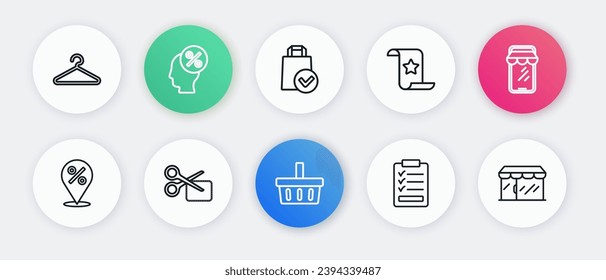 Set line Shopping basket, Online shopping on phone, Location with percent, Clipboard checklist, Paper and financial, bag, Market store and Scissors cuts discount coupon icon. Vector