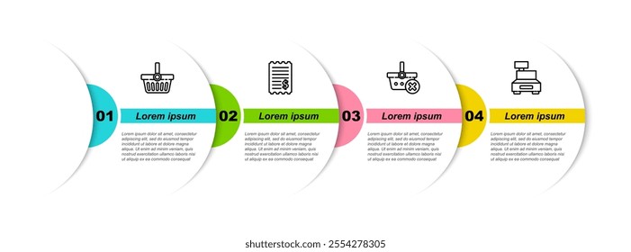 Set line Shopping basket, Paper check and financial check, Remove shopping and Cash register machine. Business infographic template. Vector