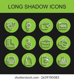Set line Shopping basket, Paper shopping bag, Telephone 24 hours support, Percent discount and, Earring, Perfume and Briefcase icon. Vector