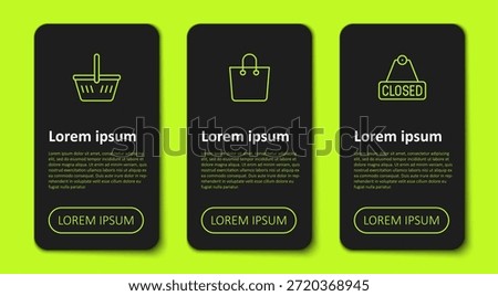 Set line Shopping basket, Paper shopping bag and Hanging sign with text Closed. Business infographic template. Vector