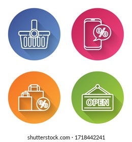 Set line Shopping basket, Percent discount and phone, Shoping bag with discount and Hanging sign with Open. Color circle button. Vector