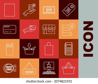 Set line Shopping basket, Pos terminal, Paper check and financial check, building on screen laptop, Human hand holding with credit card, Credit, shopping bag and or market store icon. Vector