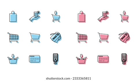 Set line Shopping basket, POS terminal with printed reciept and confirms the payment by smartphone, cart, Price tag inscription Sale,  and Human hand holding blank receipt or bill for icon. Vector