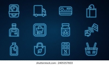 Set line Shopping basket, POS terminal with credit card, Credit, Buy button, Seller, Meat packaging steak, Jam jar and Delivery cargo truck icon. Vector
