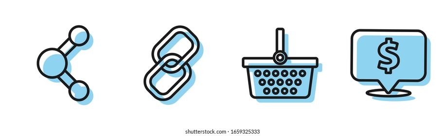 Set line Shopping basket, Share, Chain link and Speech bubble with dollar icon. Vector