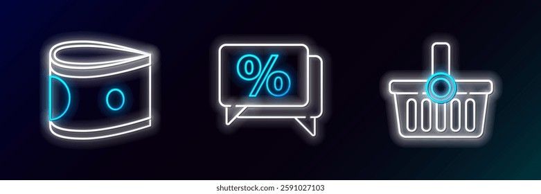 Set line Shopping basket, Stacks paper money cash and Discount percent tag icon. Glowing neon. Vector