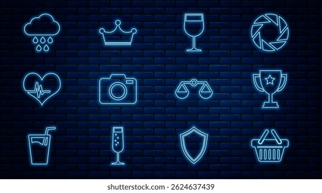 Set line Shopping basket, Trophy cup, Wine glass, Photo camera, Heart rate, Cloud with rain, Scales of justice and Crown icon. Vector