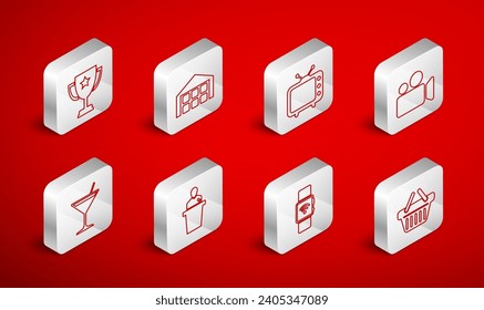 Set line Shopping basket, Warehouse, Television tv, Movie or Video camera, Smartwatch with wireless, Trophy cup, Speaker and Martini glass icon. Vector