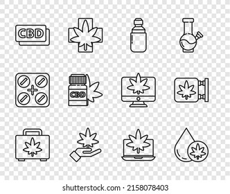 Set line Shopping box of marijuana, Marijuana or cannabis olive oil, leaf, Cannabis molecule, Medical bottle with, Laptop and and store icon. Vector