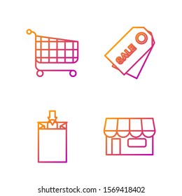 Set line Shopping building or market store, Paper shopping bag, Shopping cart and Price tag with an inscription Sale. Gradient color icons. Vector