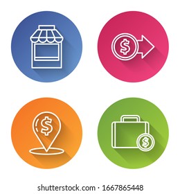 Set line Shopping building or market store, Coin money with dollar symbol, Cash location pin and Briefcase and money. Color circle button. Vector