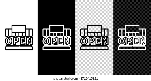 Set line Shopping building or market store and text open icon isolated on black and white background. Shop construction. Vector Illustration